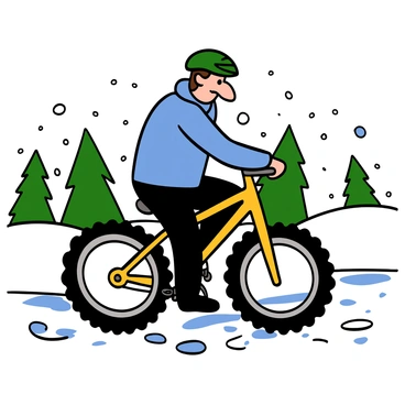 A determined cyclist with light skin and short brown hair is pedaling through a snowy landscape. He is wearing a blue winter jacket, black pants, and a helmet. The cyclist's bicycle has thick tires suitable for snow, and he is leaning forward, demonstrating effort as he rides. The snow-covered ground shows clear tire tracks behind him, and snowflakes are gently falling around. In the background, there are snowy trees and a soft white sky.