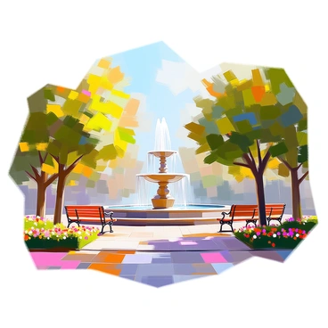 A city park scene featuring a grand fountain at the center, with water elegantly cascading from its multiple tiers. Surrounding the fountain are several wooden benches, inviting visitors to sit and enjoy the view. Lush green trees with vibrant leaves create a natural frame around the fountain, providing shade and beauty to the area. The ground is covered in neatly trimmed grass, and a few colorful flowerbeds add splashes of color throughout the park.