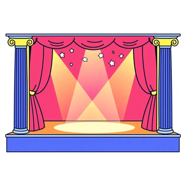 A theatrical stage set with large velvet curtains in deep red color. The stage is illuminated with bright, dazzling lights that create dynamic patterns across the backdrop. Elaborate decorations include tall, ornate columns on either side of the stage, embellished with golden designs. There are sparkling twinkling stars hanging from the ceiling above the stage, adding to the captivating atmosphere. A beautifully crafted wooden floor completes the scene, reflecting the light from above.