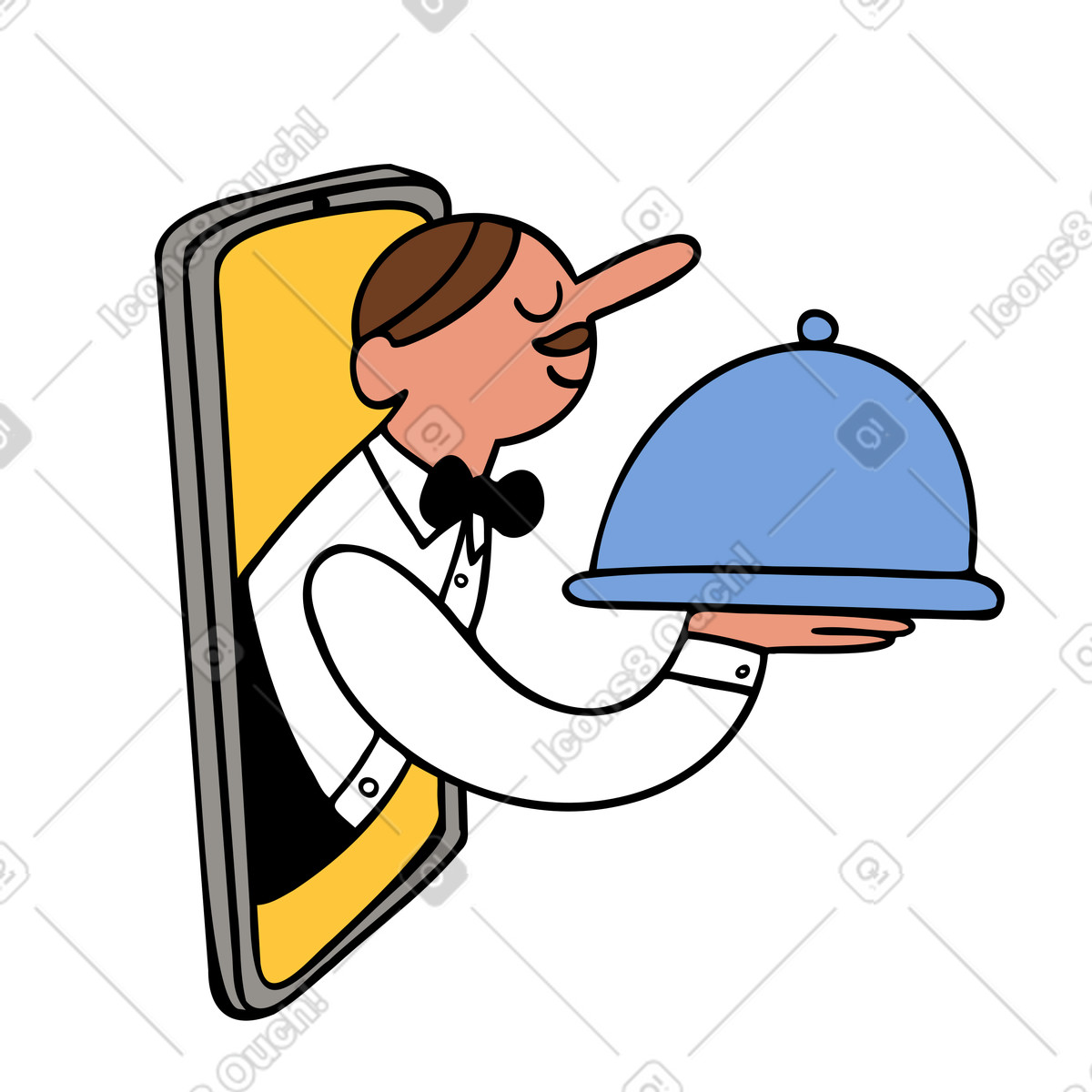 Illustration Livraison de repas avec application mobile dans le style Comic à télécharger aux formats PNG, SVG
