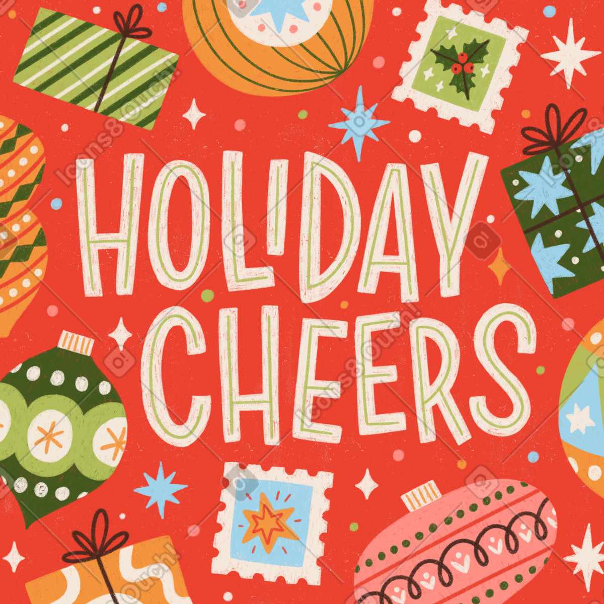 Lettering holiday cheers with Christmas baubles and presents illustration in style download in PNG, SVG