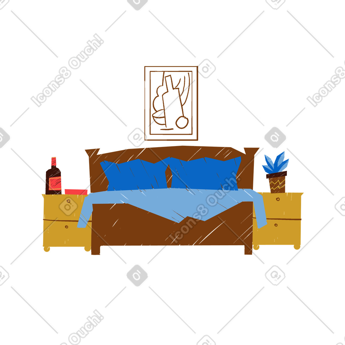 Accogliente camera da letto con letto, foto e piante illustrazione in stile Sleepy scarica in PNG, SVG