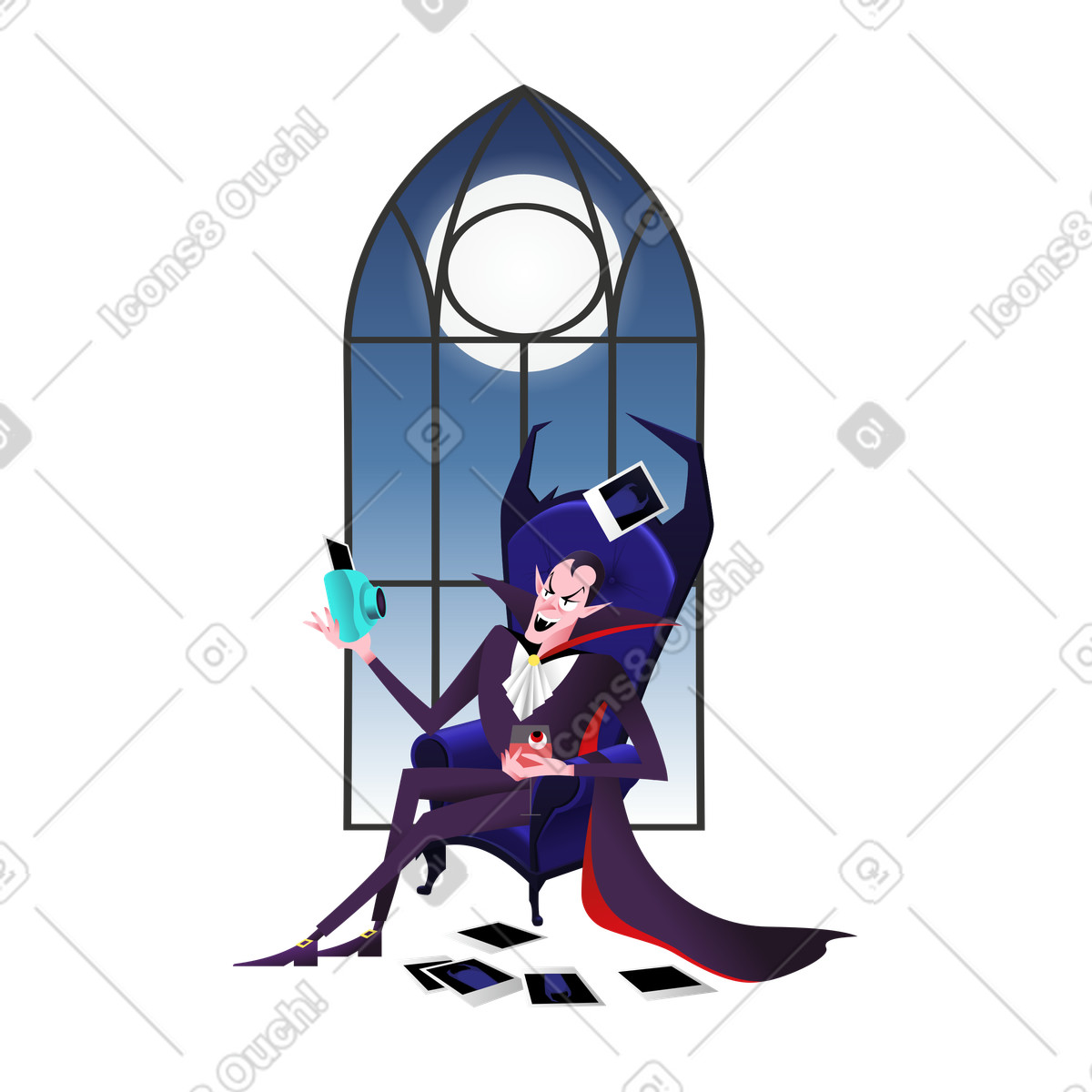 Illustration animée Dracula prend un selfie assis sur une chaise dans le style Halloween Party à télécharger aux formats GIF, Lottie (JSON), AE