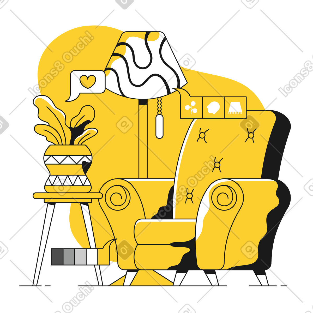 Interior design with furniture and home decor illustration in Taxi style download in PNG, SVG