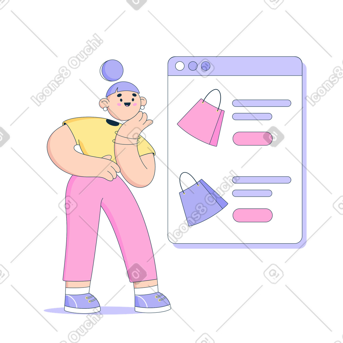 Woman deciding what to buy in online shop illustration in PNG, SVG