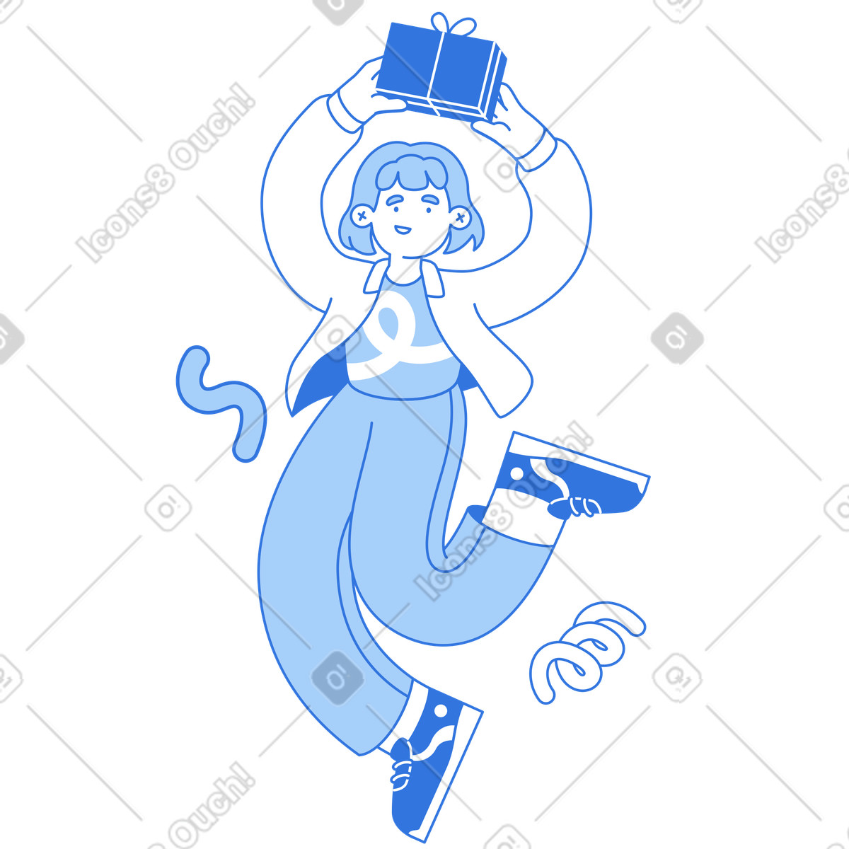 Excited recipient leaping with gift, Celebration or gift giving illustration in Sky style download in PNG, SVG