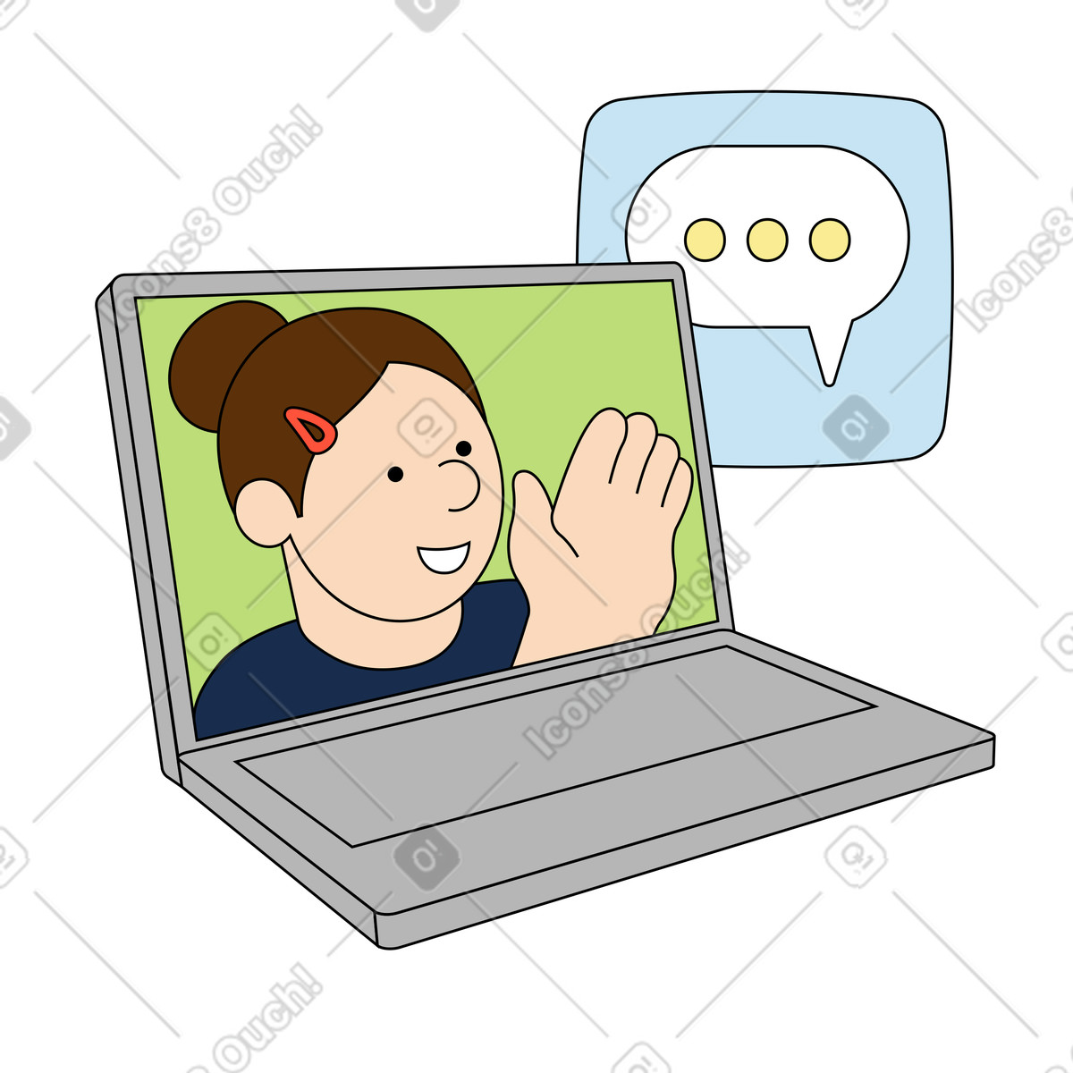 Ilustração de Reunião via zoom com uma mulher acenando para dizer olá em no estilo Kindy baixar em PNG, SVG