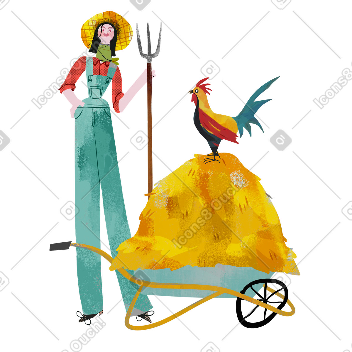 Fabulous スタイルの 干し草の山とオンドリを持つ農作業服を着た女性 のイラストをPNG、SVG形式でダウンロード