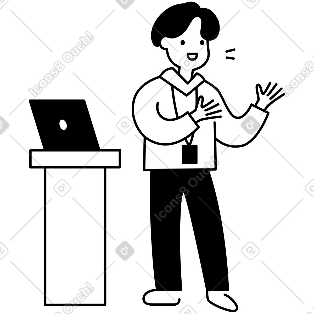 Notion Line Art スタイルの Speaker giving presentation beside podium wearing conference badge lanyard のイラストをPNG、SVG形式でダウンロード