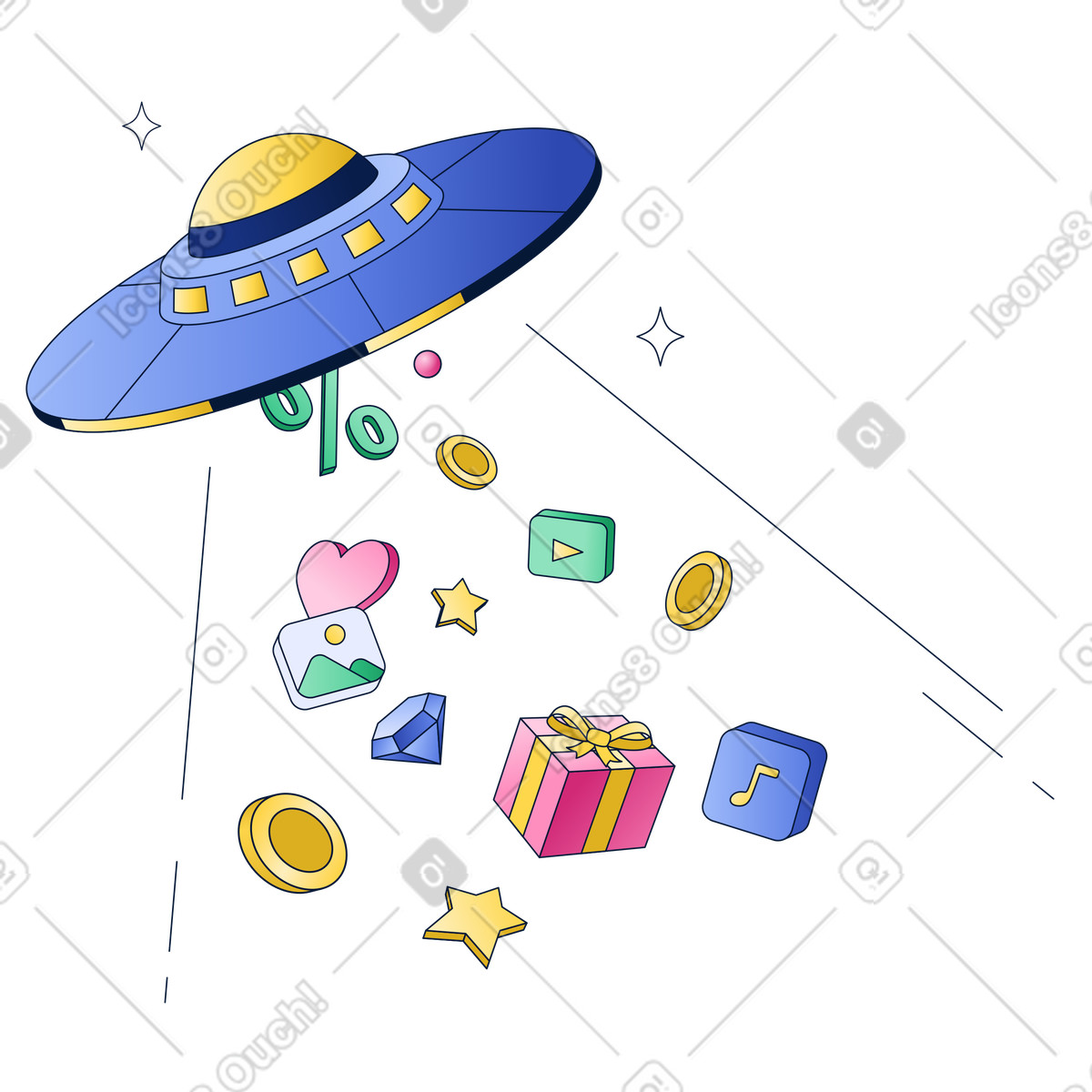 UFO dropping discounts and bonuses, Special offer or loyalty program illustration in PNG, SVG