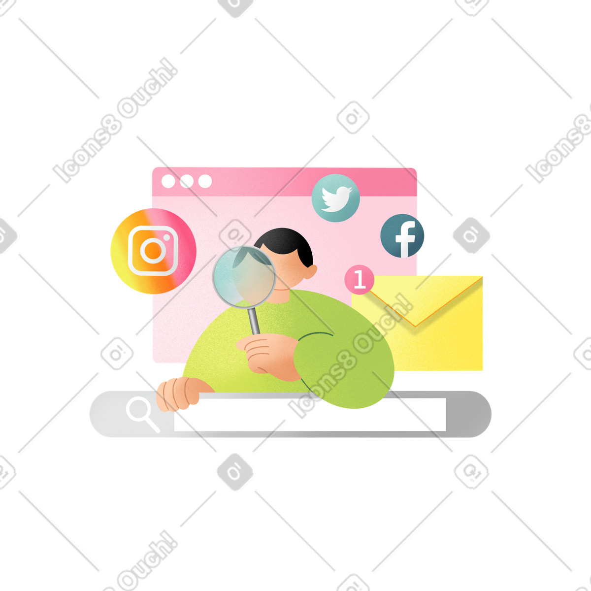 Young man searching for information on the internet illustration in Joy style download in PNG, SVG