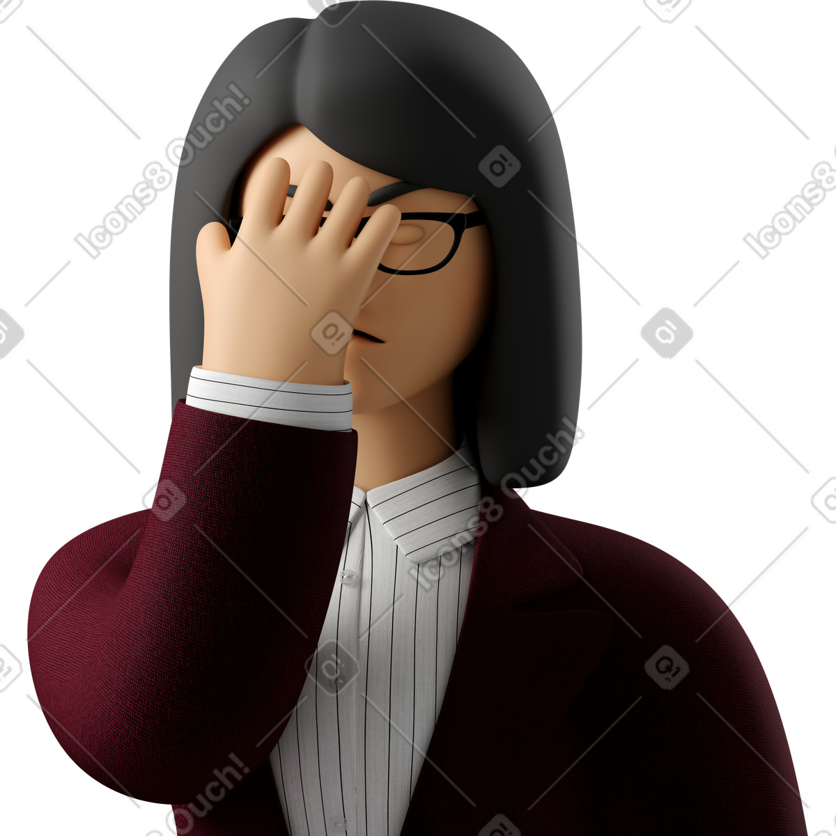 Illustration Close up of businesswoman in red suit facepalming dans le style 3D Business à télécharger aux formats PNG, SVG