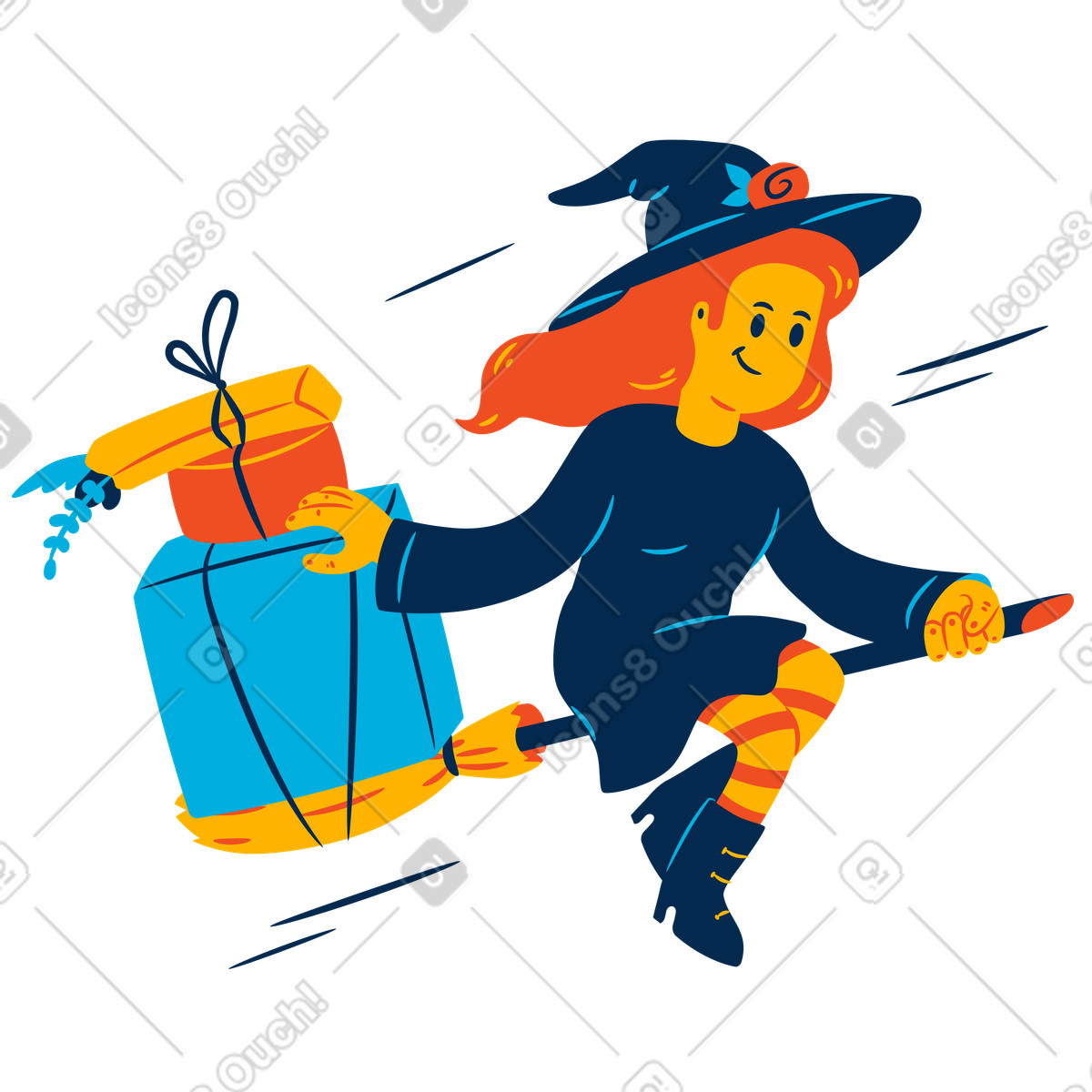 Ilustração de Bruxa voando em vassoura entregando mercadorias para o halloween no estilo Flame baixar PNG, SVG