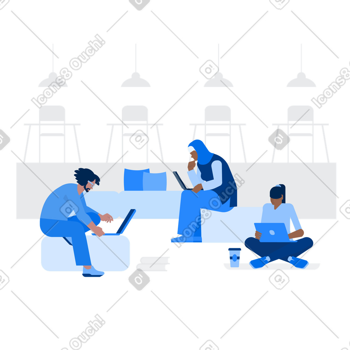 Donna in hijab, uomo con laptop, ragazza laptop stanno lavorando insieme nello spazio di coworking illustrazione stile Urban scarica PNG, SVG
