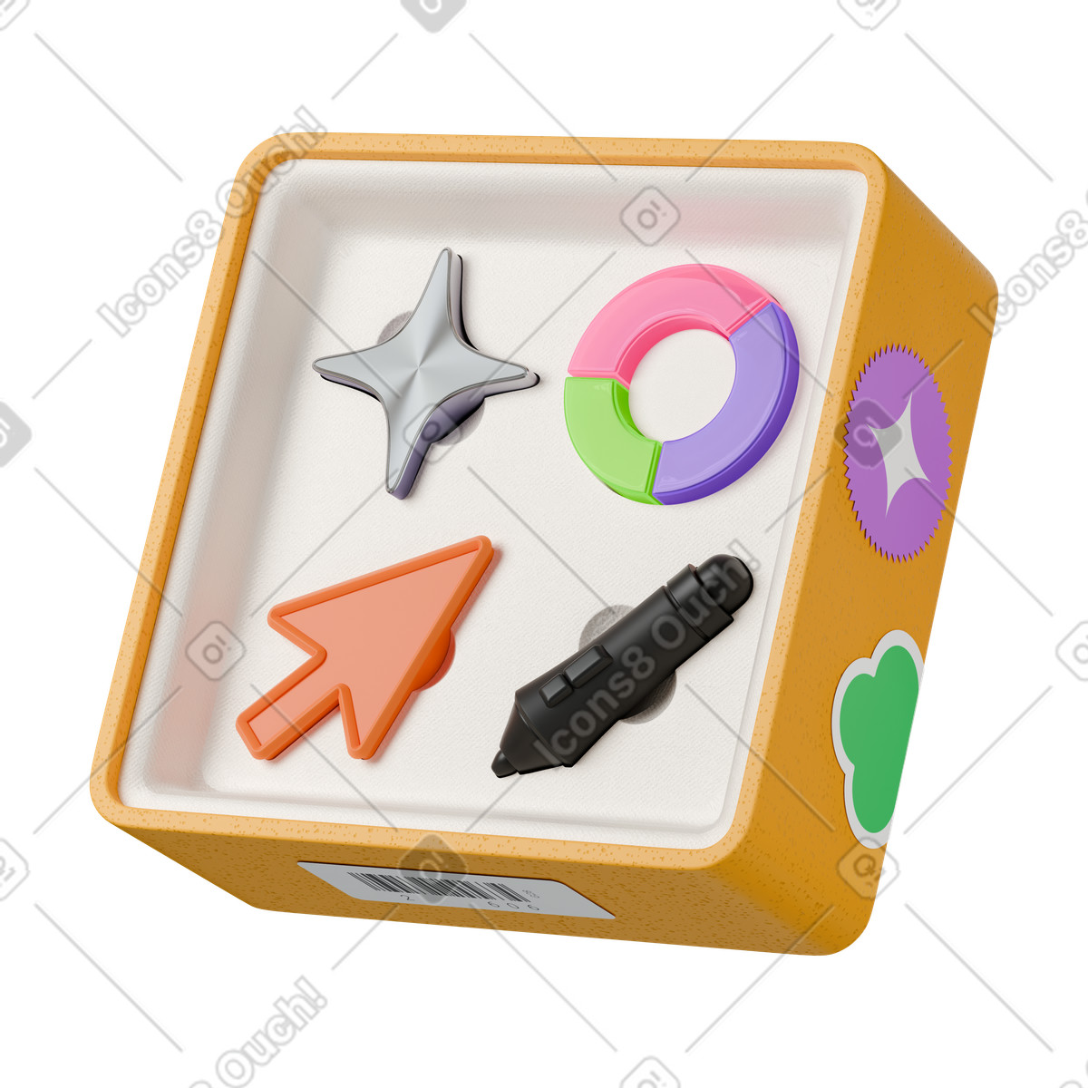Box con strumenti di progettazione e analisi, kit analisi illustrazione animata in stile 3D Stickle scaricabile in GIF, Lottie (JSON), AE