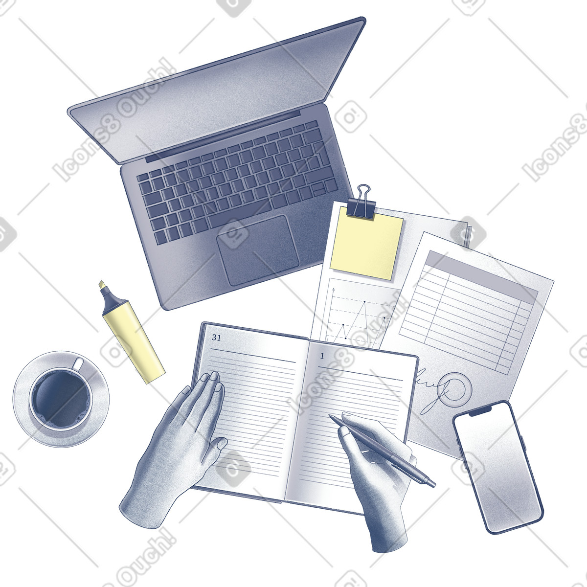 Illustration Travailler avec des documents et faire de la paperasse dans le style Haze à télécharger aux formats PNG, SVG