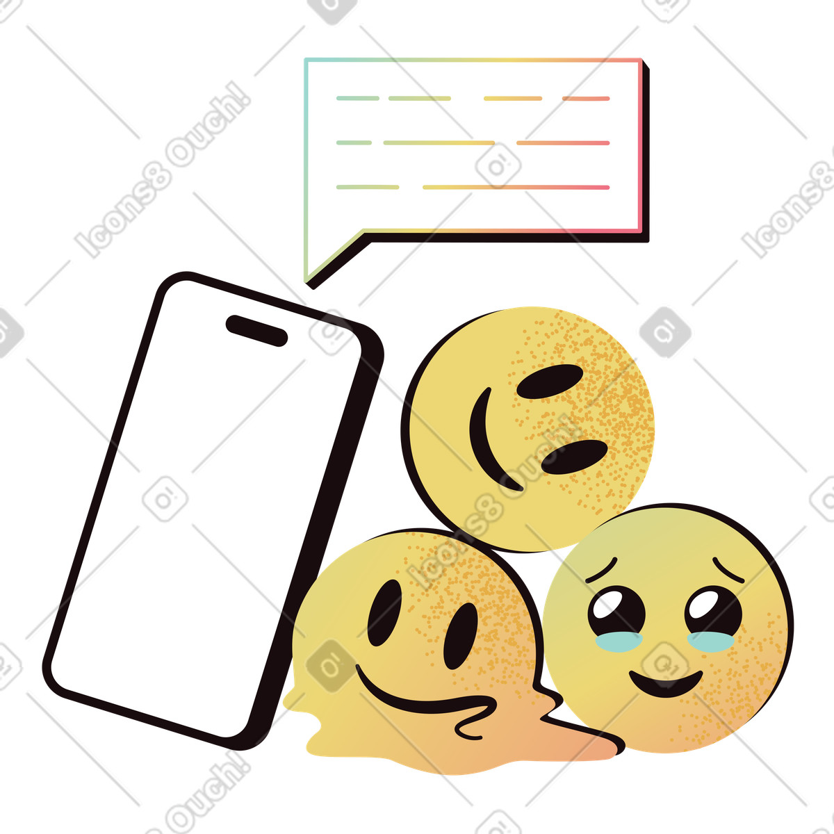 下载 Delight 风格的 Smartphone with expressive emojis and chat bubble, Digital communication messaging 插画，支持 PNG、SVG 格式