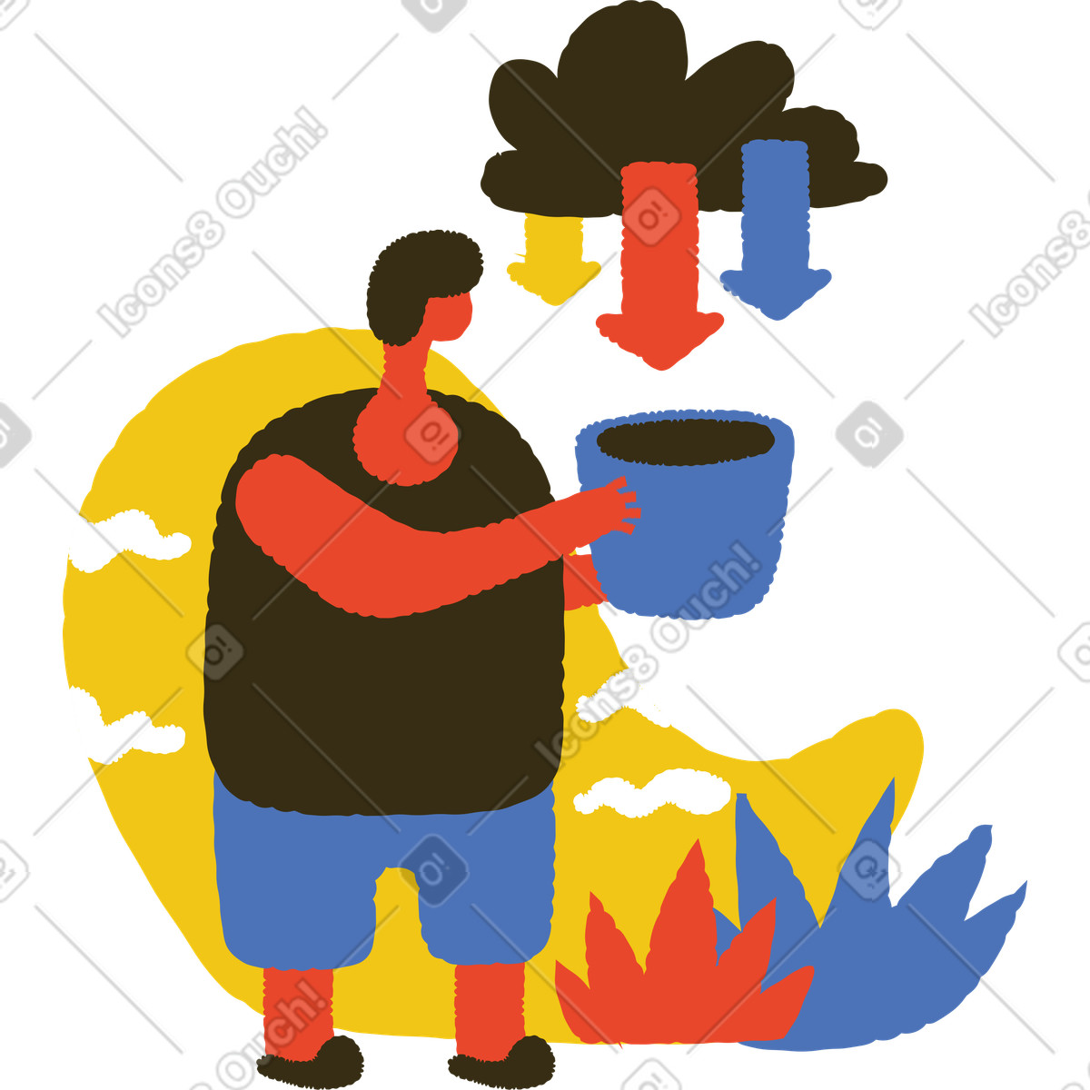 Illustration Homme avec une tasse de café téléchargeant depuis le cloud dans style Bermuda à télécharger aux formats PNG, SVG
