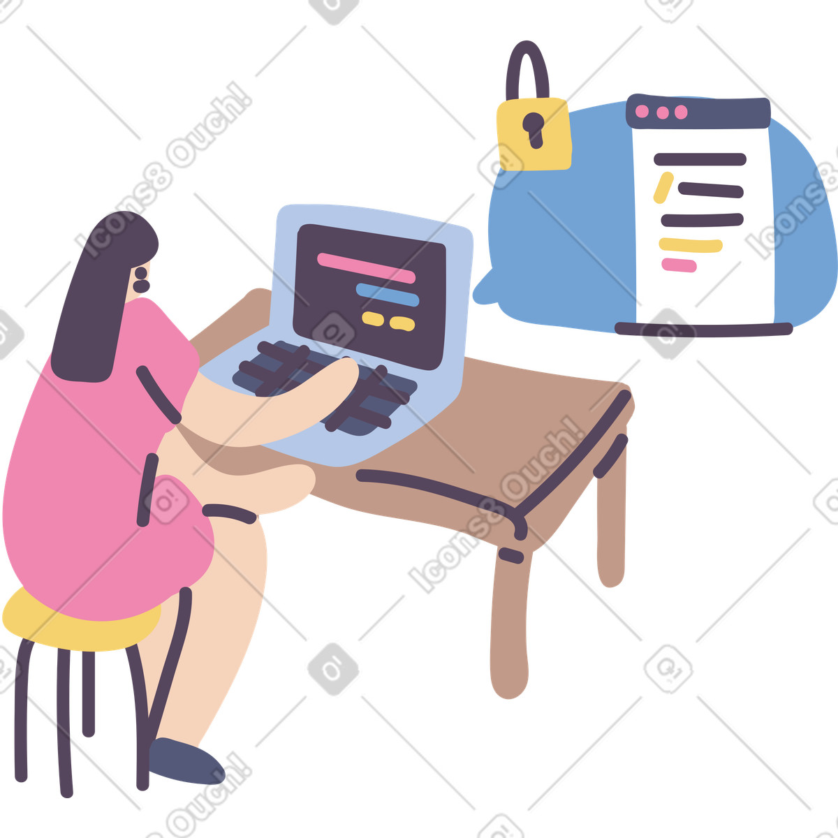 Person working with secure file on laptop, data privacy and online safety illustration in Pluto style download in PNG, SVG