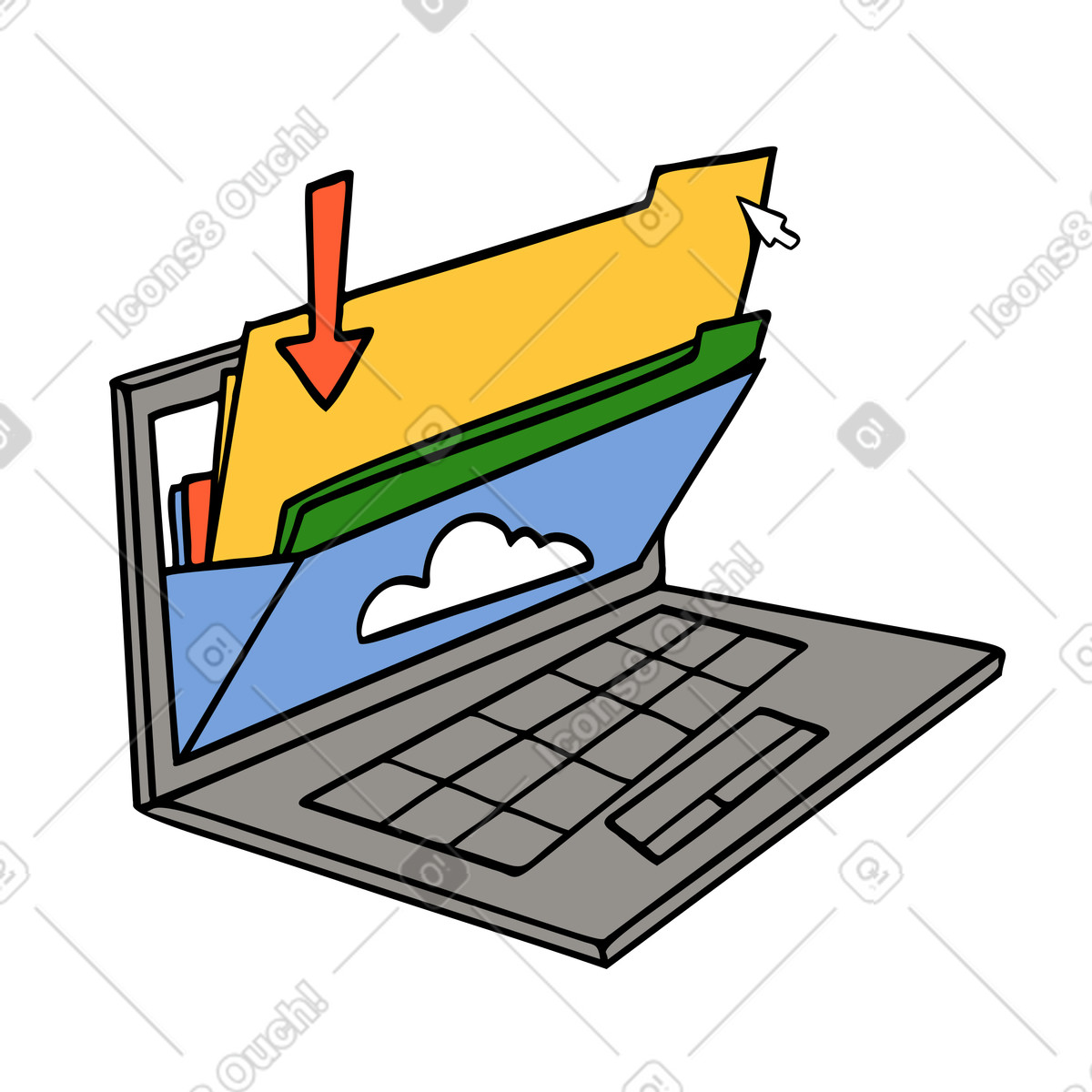 Illustration Téléchargement de fichiers cloud sur un ordinateur portable dans le style Comic à télécharger aux formats PNG, SVG