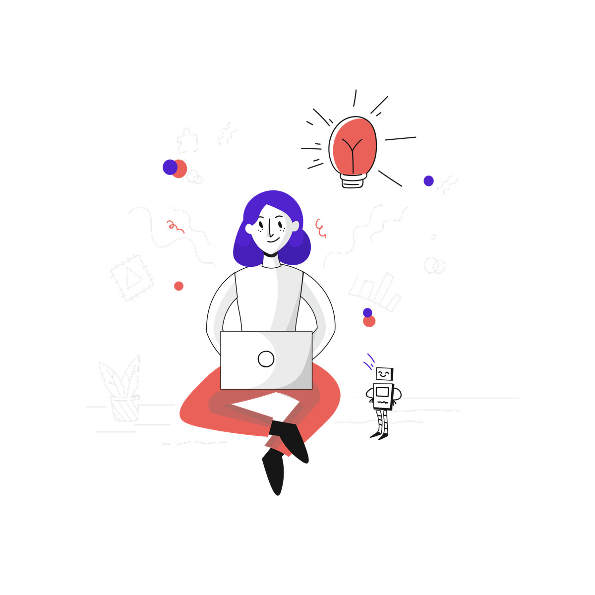 Remote worker with laptop and ai assistant, creative brainstorming idea generation-Illustration im Pixeltrue-Stil als Download in PNG, SVG