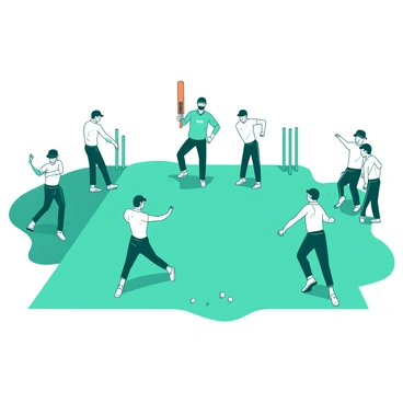 A teal cricket field is set under a bright sky, where "MS Dhoni" is leading his team in warm-up exercises. He is in the center, demonstrating a stretching routine with an orange cricket bat in hand. The team members are arranged in a semi-circle around him, engaged in various warm-up activities. Some players are jogging in place, while others are performing arm rotations. In the background, there are cricket stumps positioned at the edge of the field, with a few scattered cricket balls on the grass.