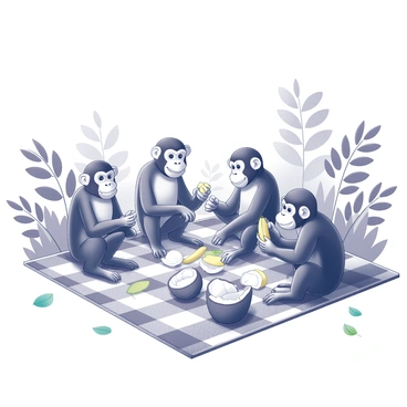A group of monkeys sitting on a checkered picnic blanket spread on the ground. The monkeys are smiling and engaged in various activities, such as peeling bananas and cracking open coconuts. Some of the monkeys are holding bananas, while others are reaching for coconuts from a small basket nearby. Various jungle plants and trees surround the scene, providing a lush backdrop. A few colorful leaves are scattered around the picnic area, adding to the lively atmosphere of the moment.