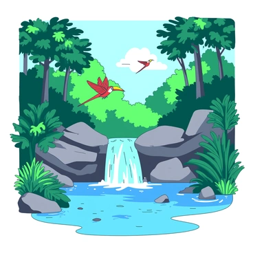 A vibrant rainforest with a thick canopy of green leaves and towering trees. In the center, there is a cascading waterfall that tumbles down smooth gray rocks into a clear blue pool below. The sunlight filters through the leaves, creating dappled light on the forest floor. Colorful exotic birds can be seen flying above the waterfall, their feathers displaying vibrant shades of red and yellow. Nearby, lush ferns and tropical plants surround the pool, completing the tranquil scene.