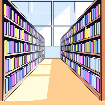 A long aisle of bookshelves filled with an array of colorful books. The shelves are arranged on both sides, creating a narrow pathway down the center. Sunlight streams through large windows, casting bright beams of light across the wooden floor. Dust particles can be seen dancing in the sunlight, illuminating the vibrant spines of the books.