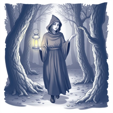 A medieval witch is walking through a dense forest. She is wearing a long, flowing robe that drapes around her figure, with a hood partially covering her face. In her hand, she holds an ornate lantern that casts a warm glow, illuminating her path and revealing the twisted shapes of gnarled trees around her. The ground is covered in leaves and small underbrush, creating a textured surface beneath her feet. Shadows dance on the bark of the trees as the light flickers from the lantern, enhancing the eerie atmosphere of the dark, secluded forest.