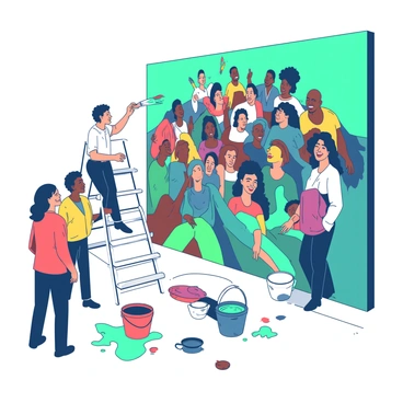 An artist with a teal paintbrush is standing on a white ladder, focused on painting a mural on a large wall. The mural features vibrant images of people of various ethnicities and cultures celebrating together, with colorful patterns and symbols of unity. Surrounding the artist, there are paint buckets in various colors, and the ground is covered in splashes of paint. The community members nearby are watching with expressions of joy and excitement as the mural comes to life.