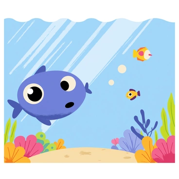 An underwater scene featuring a colorful coral reef with various fish swimming around. A large blue fish, with wide eyes and an open mouth, shows surprise as it reacts to a sonic boom from above. Bubbles are rising from the creature, and ripples in the water are visible, indicating the disturbance from the sound. The sunlight filters through the water, casting shimmering patterns on the sandy ocean floor.