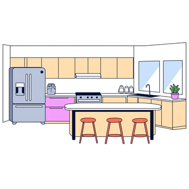 A modern kitchen with sleek lines and a bright, airy atmosphere. The kitchen features a large island with a smooth, white countertop and minimalist bar stools positioned around it. Eco-friendly appliances are prominently displayed, including a stainless steel refrigerator with a digital interface, an energy-efficient oven with a glass door, and a dishwasher that blends seamlessly into the cabinetry. Natural wood cabinets with a light finish line the walls, providing an inviting contrast to the clean, white walls. A potted herb garden sits on the windowsill, adding a touch of greenery to the space.