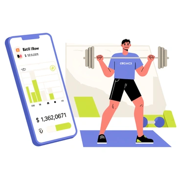 An illustration of a fitness app on a smartphone displaying workout data. The screen shows a barbell row exercise with a progress tracker that features a green progress bar filling up. Next to the smartphone, a person is performing a barbell row, with a silver barbell and weights. The individual is wearing a blue workout shirt and black shorts, with a strong focus on their form. A vibrant gym setting is visible in the background, including exercise mats and dumbbells.