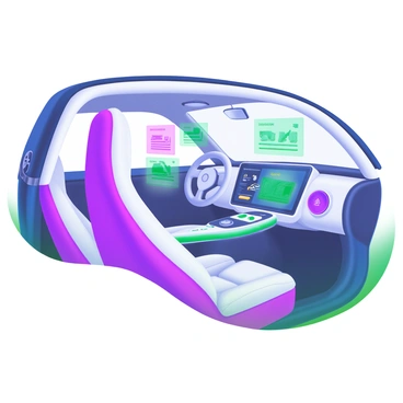A sleek futuristic car interior showcasing a high-tech design. The seats are ergonomically shaped with a smooth, metallic finish, and there are ambient lights illuminating the cabin. In the center, a digital console dominates the dashboard, featuring a large touchscreen display and various buttons and controls, all with a modern interface. Holographic displays project from the console, showing navigation maps and information in a three-dimensional format. The steering wheel is minimalistic, with integrated controls, and the windows are tinted to create a stylish look.