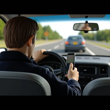 A driver texting on their phone, oblivious to the road ahead, with an impending accident about to happen.