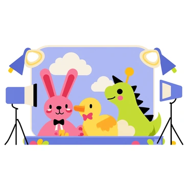 A colorful television set designed for a children's show, featuring a bright blue background with oversized flowers and cartoon clouds. There are costumed characters: a cheerful pink bunny with big ears, a playful yellow duck wearing a bow tie, and a friendly green dragon with small wings. The characters are interacting with each other, showing excitement and joy. Camera equipment including a large lens and lights are positioned around the set, capturing the lively atmosphere. The floor is decorated with colorful shapes and patterns, adding to the playful setting.