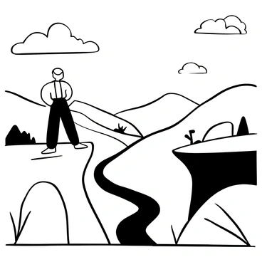 A figure in a long coat stands confidently at the edge of a cliff, gazing out over a vast valley below. The landscape features rolling hills and a winding river that cuts through the greenery. In the foreground, rocks jut out from the cliff, adding depth to the scene. The sky above is expansive, with clouds drifting by. The atmosphere is one of solitude and contemplation.