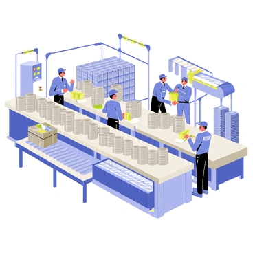 A busy sardine processing factory filled with workers in blue uniforms. The factory has large stainless steel tables where workers are carefully packing shiny cans of sardines. There are stacks of empty cans on one side and boxes filled with packed cans on the other. Conveyor belts are seen moving fish along the assembly line, while large vats of sardines rest nearby. Bright overhead lights illuminate the scene, highlighting the organized chaos of the factory environment.