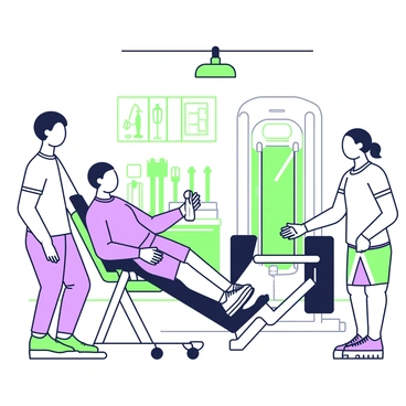 A patient is seated on a leg extension machine in a rehabilitation clinic. The patient is wearing athletic clothing, consisting of a fitted shirt and shorts. Their legs are positioned on the padded support of the machine, with the lower legs moving upwards as they engage in the exercise. An exercise physiologist stands beside them, offering encouragement and guidance. In the background, various rehabilitation equipment, such as weights and resistance bands, is organized neatly. A wall-mounted mirror reflects the patient and the physiologist, and bright overhead lights illuminate the room.