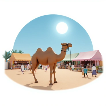A large, brown camel is standing in the center of a bustling desert marketplace. The marketplace is filled with colorful tents and stalls displaying an array of goods such as spices, textiles, and pottery. People are dressed in traditional attire, some bargaining with merchants while others carry baskets filled with produce. The sun is shining brightly in a clear blue sky, casting shadows on the sandy ground. In the background, a group of children can be seen playing, adding to the vibrant atmosphere of the scene.