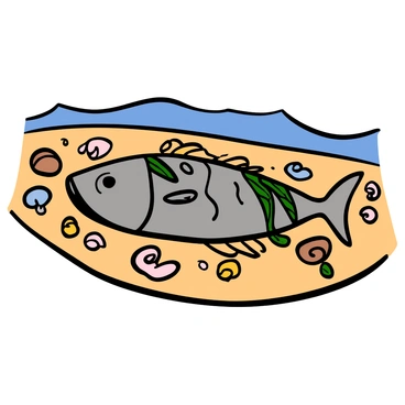 A dead fish with dull scales and a slightly bloated body lying on a sandy beach. The fish is surrounded by a variety of seashells, including small conch and spiral shells, scattered across the warm, light-colored sand. Green seaweed is draped around the fish, blending with the sandy texture. The background features a gentle wave lapping at the shore, with more seashells visible in the distance.