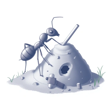 An ant is seen diligently working on its anthill. The ant wears a tiny toolbelt that holds miniature tools, such as a small hammer and a screwdriver. It stands on a mound of dirt, focused on repairing a hole in the side of the anthill. The anthill has several entrances and is surrounded by small blades of grass and scattered dirt. The ant's legs are positioned firmly on the ground, emphasizing its dedication to the task at hand. The scene captures the industrious nature of the ant as it contributes to its home.