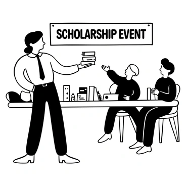 A student in a formal outfit stands confidently while holding a stack of business cards in one hand. Another professional is positioned opposite, extending their hand to receive a card. The background features a banner that reads "Scholarship Event" in bold letters. There are several tables in the vicinity with brochures and informational material related to different scholarships. People are gathered in small groups, engaged in conversations and networking.