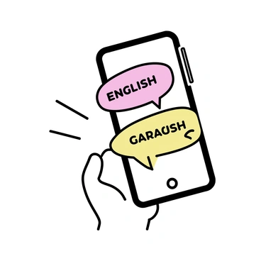 A smartphone with a sleek design, displaying a vibrant screen showing two speech bubbles. One bubble contains text in "English" while the other bubble shows the translated text in "Spanish." The user interface features a microphone icon at the bottom, indicating the speech input function. The smartphone is placed on a simple white surface, with a hand gently holding it. The background is minimalistic, emphasizing the focus on the smartphone and its display.