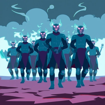 A group of Sauron's minions marching in formation across a desolate, barren landscape. The minions are clad in dark, jagged armor, their faces obscured by menacing helmets with glowing red eyes. They carry wickedly shaped weapons that glint ominously in the dim light. The ground beneath them is cracked and dry, with patches of ash scattered throughout. In the background, dark storm clouds swirl ominously overhead, adding to the bleak atmosphere. The minions maintain a fierce expression, their disciplined march echoing through the silence of the wasteland.