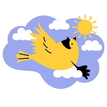 A goldfinch flying amidst fluffy white clouds
