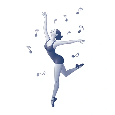 A figure of a dancer is captured in a dynamic pose, showcasing grace and movement. The dancer's body is slightly bent, one leg lifted elegantly, while the arms are extended outwards, enhancing the fluidity of the motion. Surrounding the dancer are a scattering of musical notes, floating in the air as if responding to the rhythm of the dance. The background features simple, clean lines that emphasize the dancer's form and the lively presence of the musical notes.
