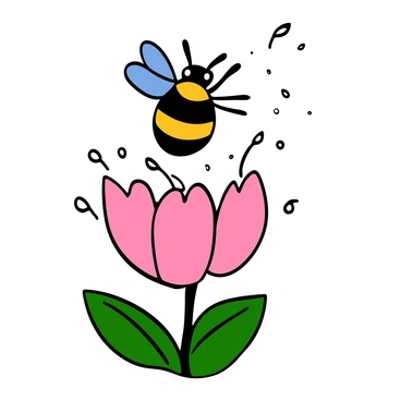 A bee with black and yellow stripes is making a splash as it lands on a dewy flower. The flower is a vibrant pink color with delicate petals, glistening with droplets of water from the morning dew. The background features soft green leaves, and the scene is illuminated by the soft glow of the early morning sunlight. The bee's wings are slightly spread as it hovers over the flower, capturing the moment of landing with precision.