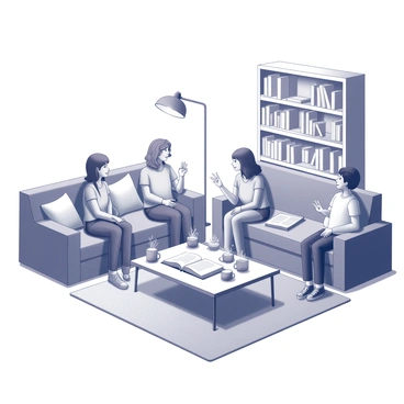 A living room with a warm ambiance, featuring a large, comfortable sofa filled with pillows. Several people are seated in various positions around a coffee table cluttered with books and steaming mugs. One person is animatedly speaking, with their hands gesturing, while others listen attentively. A bookshelf lined with numerous books fills one wall, and a soft rug lies underfoot. A floor lamp casts a pool of light over the scene, creating an inviting atmosphere. "Book club" is written on an open book placed on the table, suggesting the title of their latest read.